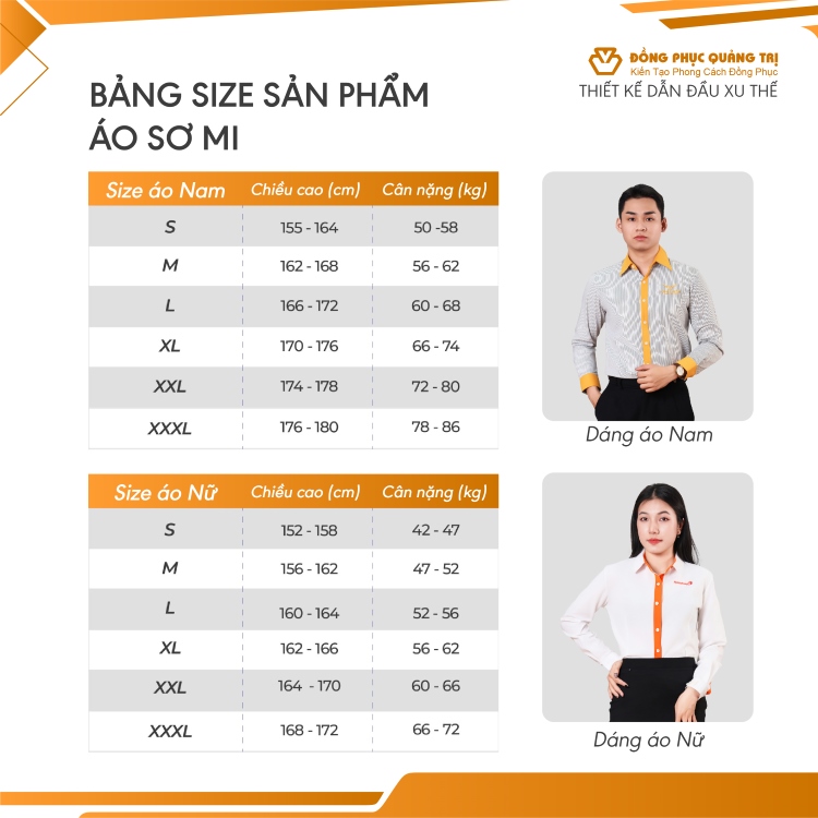 bảng bảng size áo sơ mi đồng phục nam nữ
