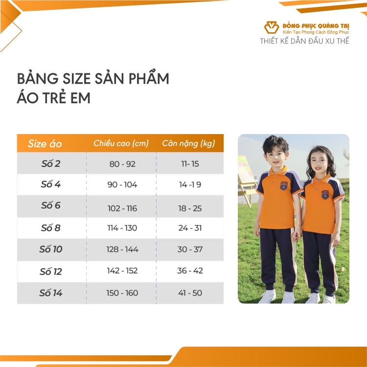 bảng size áo đồng phục trẻ em