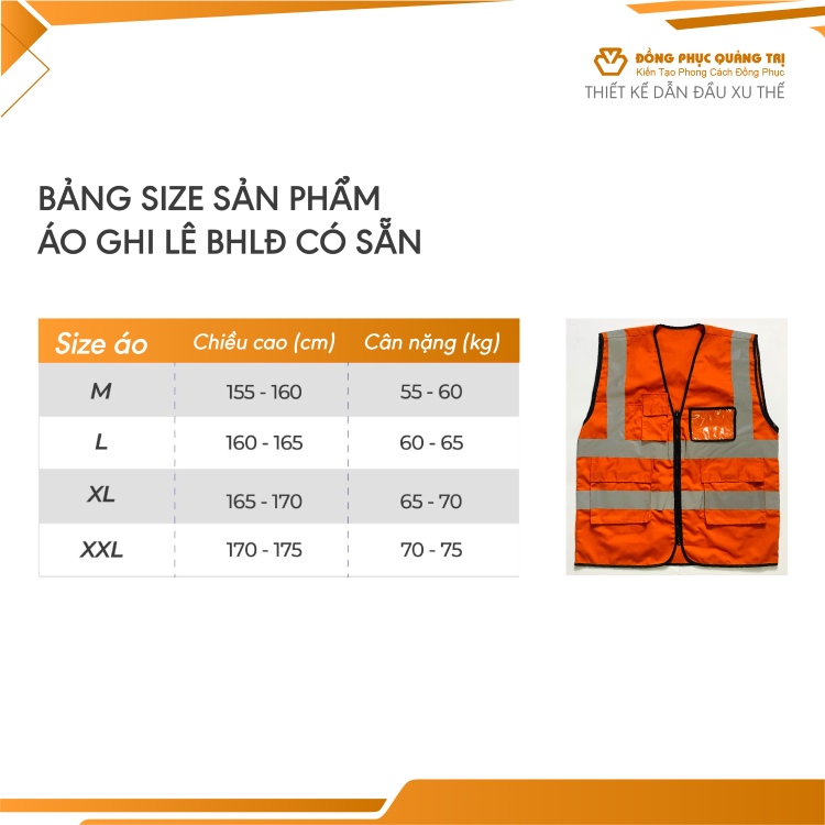 bảng size áo gile đồng phục có sẵn