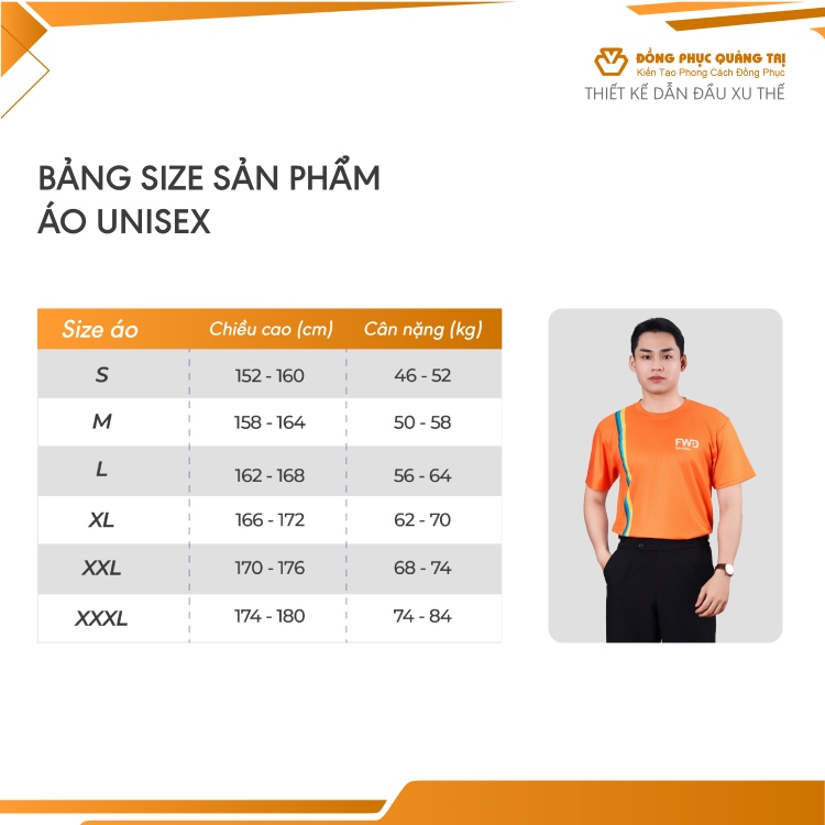 bảng size áo thun đồng phục unisex