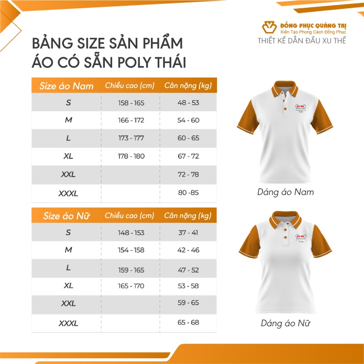 bảng size áo thun poly thái đồng phục có sẵn
