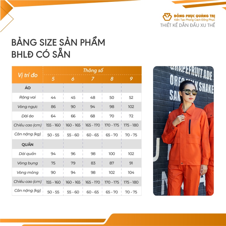bảng size đồng phục bảo hộ lao động có sẵn